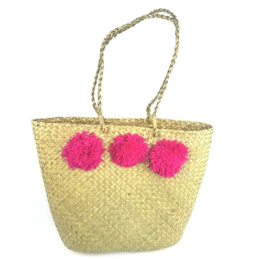 Herringbone Straw Tote Bag with Hot Pink Pom Poms